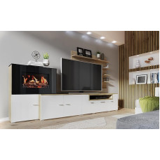 Skraut Home - Home Furniture with Electric Fireplace with 5 Flame Levels, Matt White Finish and Brushed Light Oak, 290 x 170 x 45 cm