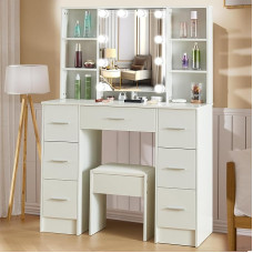 Buildonely Large Dressing Table with Lighting and Stool 100 x 40 x 140 cm, 3 Colour Temperatures and Adjustable Brightness, Dressing Table with Mirror, Modern, White (2 Handle Sets)