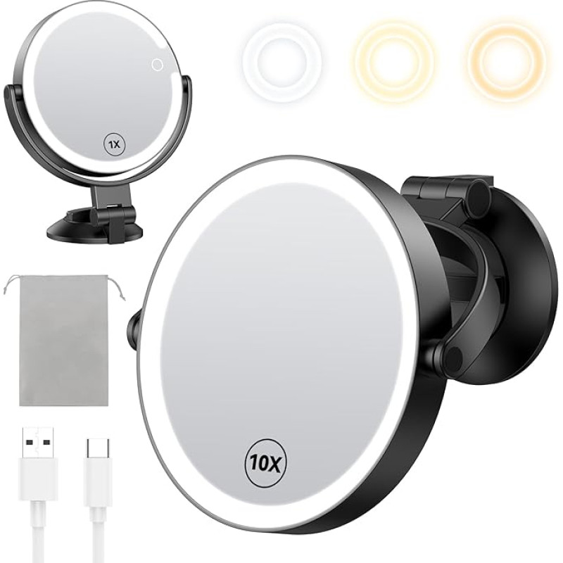 Gospire 7 Inch Wall Mirror with Lighting and 10x Magnification, 3-Colour Illuminated Bathroom Mirror with Powerful Suction Cup Locking, LED Mirror for Desk - Black