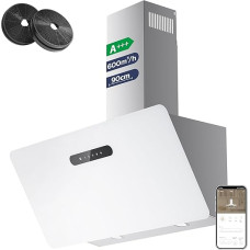 CIARRA CBCW9736K Cooker Hood 90 cm Wi-Fi App SensorTouch Operation Headless Slanted Hood Recirculation Air 650 m³/h CBCF003 Activated Carbon Filter Wall Hood Stainless Steel Glass White