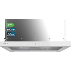 Cecotec Teleskop-Dunstabzugshaube 60cm Flux TLT 605500 White Black A++. Motor 70W, Niedriger Energieverbrauch, Front aus schwarzem Glas, Absaugung 550m³/h, Touch- und Gestensteuerung, Aktivkohlefilter