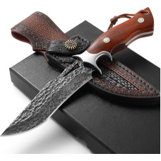 DRACHENADER Damask Jahindusnuga Outdoor nuga Puidust käepidemega tupp, valmistatud ehtsast nahast, käsitsi valmistatud ehtsast Damaskuse terasest vöö nuga Survival nuga Fikseeritud puidust käepidemega