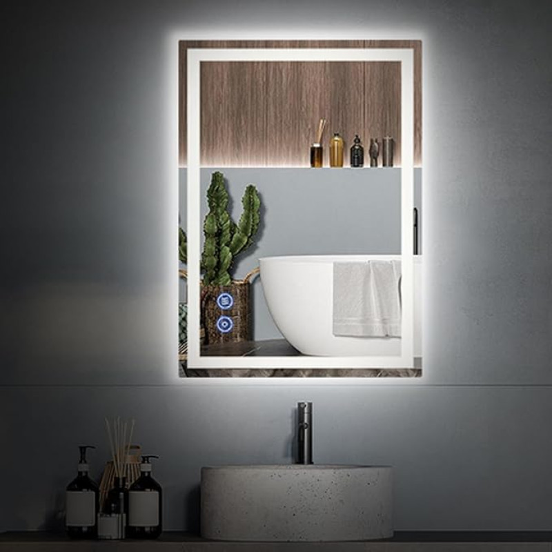 SANYCASA Vannitoa peegel koos valgustusega 50 x 70 cm seinapeegel koos puutetundliku lülitiga Anti-Fog 3 valgusvärvi timmitav mälufunktsioon Anti-Fog