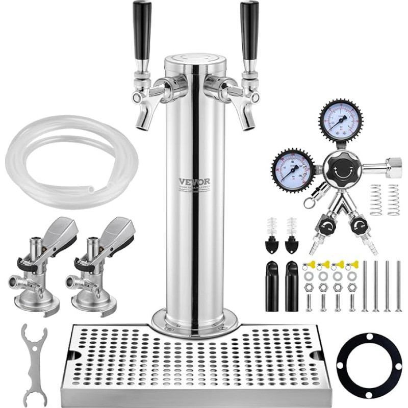 VEVOR Kegerator Tower Kit, õlle ümberehituskomplekt kahe kraaniga, roostevabast terasest õlletorni dosaator kahekordse W21.8 regulaatoriga ja süsteemi tünniühendusega, õllekandur koduse peo jaoks