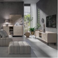 Living Room Set in Sand Beige Fine Structure Sideboard Chest of Drawers Wall Board Button Handle Gold Metal Feet Black