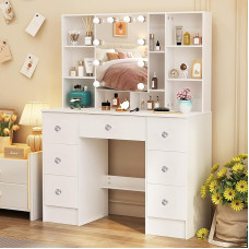 Teousev J319 Dressing Table with Lighting and Mirror, Adjustable Brightness, Dressing Table with Stool, Cosmetic Table with 7 Drawers and 6 Shelves, 100 x 40 x 140 cm, White
