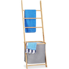 Relaxdays Bamboo Towel Holder with Laundry Bag, Laundry Hamper, Ladder Shelf, H x D: 139 x 43.5 x 33 cm, Natural