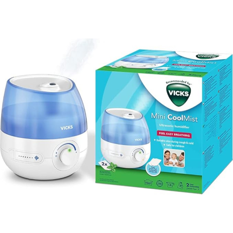 Vicks Mini Cool Mist ultraheli õhuniisutaja (kompaktne, vaikne, parema une, köha ja külmetuse, mugavuse, eeterlike õlide, niiskuse, kuni 15m2 suuruse ruumi jaoks) VUL525