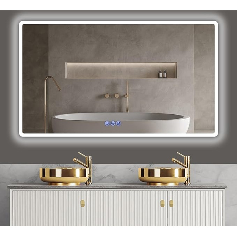 baklon Vannitoa peegel koos valgustusega, 120 x 70 cm, Vannitoa seinapeegel ja puutetundlik lüliti, IP65 LED peegel vannituba mälufunktsiooniga, 3 värvitemperatuuri, horisontaalne/vertikaalne, HD karastatud klaasist.