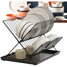 Collapsible Dish Rack, Compact Dish Dryer, 2-Tier Countertop Dish Dryer Made of Carbon Steel/Stainless Steel, Removable Water Catcher Tray, Clothes Airer for the