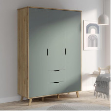 Forte VANKKA 140 Wardrobe with 3 Doors and 2 Drawers, Wood Composite, Planked Oak Decor/Sage, 139.4 cm Wide, 201.5 cm High, 52.7 cm Deep
