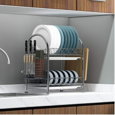 Dish Dryer Kitchen Worktop Dish Dryer, Rustproof Heavy Duty Dish Dryer Rack with Removable Utensil Knife Holders and Draining Board, Stainless Steel (2 Tiers, 3 Tiers)