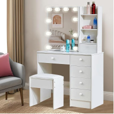 Dradaomull Dressing Table with Adjustable LED Lighting, Dressing Table with Mirror, Vanity Table for Modern Bedroom, White - 131 x 80 x 36 cm (41)