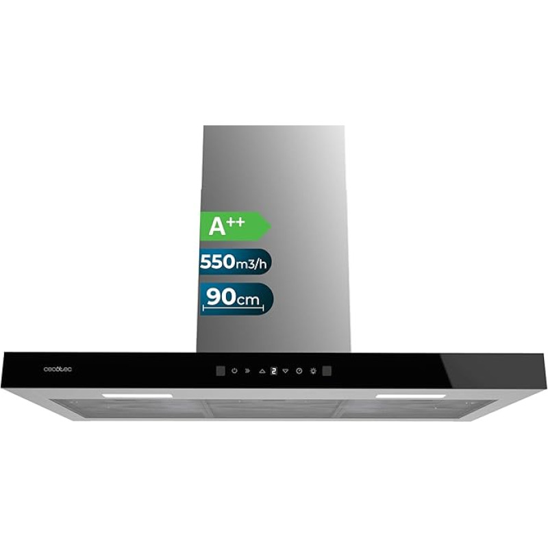 Cecotec Flux TT 905500 Cooker Hood 90 cm Glass Black A++ 70 W Black Glass Front Low Consumption Extraction Capacity 550 m3/h Touch Control 3 Levels LED Light Activated Carbon Filter