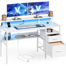 VASAGLE LWD094W01 Arvutilaud kangastega sahtlitega, arvutilaua koos monitori alusega, LED valgustus, 135 x 55 x 90 cm, sisseehitatud pistikupesad, 2 USB-A pesa, kodukontorisse, vaher valge