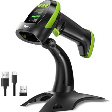 Tera vöötkoodiskanner Wireless 2D koos alusega: Pro versioon koos digitaalse seadistusekraani ja klaviatuuriga töötab koos Bluetooth 2.4G traadita USB kaabliga Eriti kiire pihuarvuti HW0009-Z Roheline