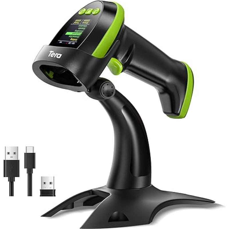 Tera vöötkoodiskanner Wireless 2D koos alusega: Pro versioon koos digitaalse seadistusekraani ja klaviatuuriga töötab koos Bluetooth 2.4G traadita USB kaabliga Eriti kiire pihuarvuti HW0009-Z Roheline
