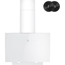 FIREGAS pliidikupu 60 cm ilma peata, väljatõmbeventilaator/ringlusväljak, 524 m³/h õhuvool, puutetundlik juhtimine, 9 astet, harjadeta alalisvoolumootor, sisaldab 2 x süsinikufiltrit, väljatõmbeventila klaasist esiosa valge