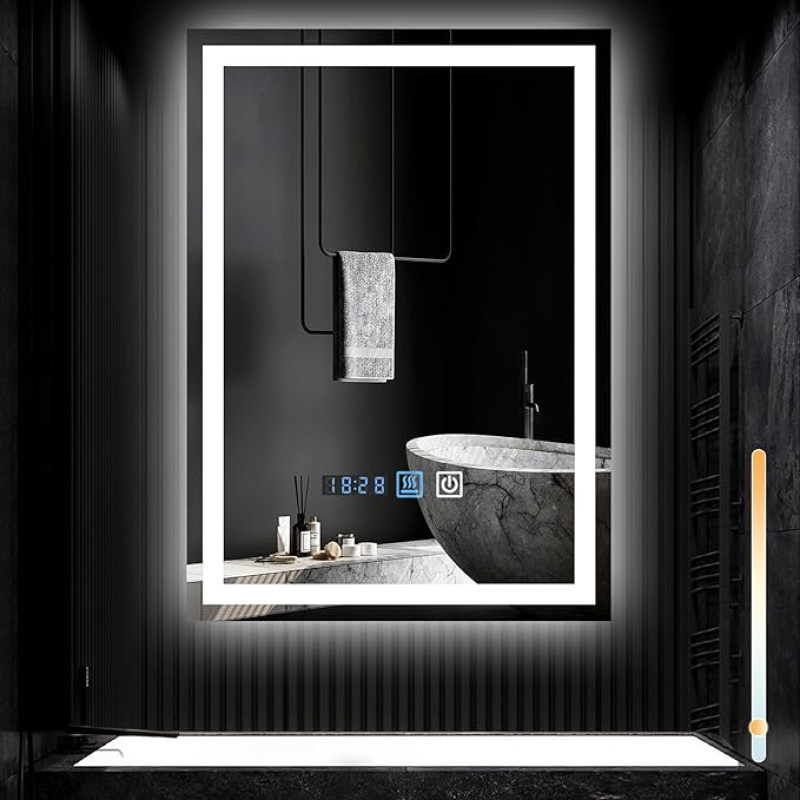 Mursche Vannitoa peegel koos valgustusega - LED Vannitoa peegel 50 x 70 cm seinapeegel Vannituba IP44 koos puutetundliku lülitiga ja kellaga Kuivatusfunktsiooniga Valgus Dimmitav 3000 K - 6500 K