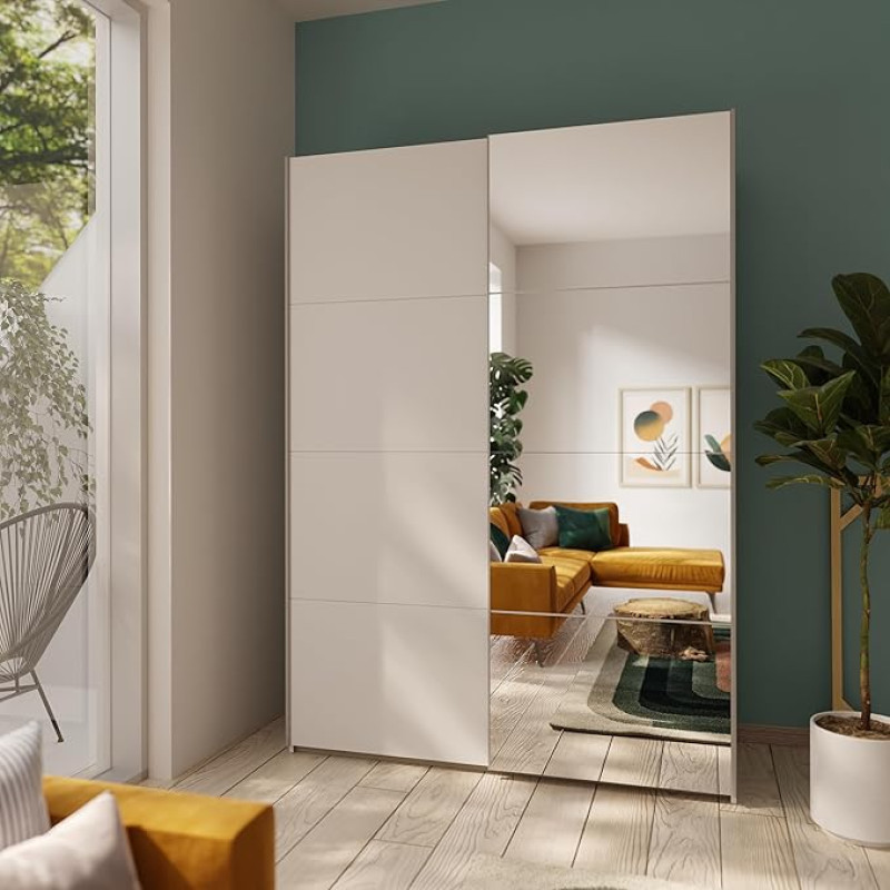 FORTE Schach & MATT 2 Wardrobe 150 Modern 2 Door Cabinet with Mirror Wood Composite Sliding Door Wardrobe White 150.1 cm Wide 210.5 cm High 61.2 cm Deep