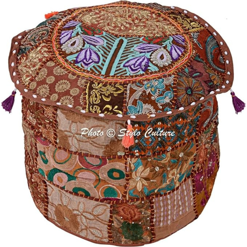 Stylo Culture Cotton Patchwork Embroidered Ottoman Stool Pouf Cover Brown Floral Ottoman Furniture
