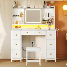 ODK Dressing Table with Movable LED Mirror, Toilet Table with Built-in USB Sockets & RGB Light Bar, Dressing Table with Stool and 8 Drawers, White Dressing Table 110 x 40 x 137 cm