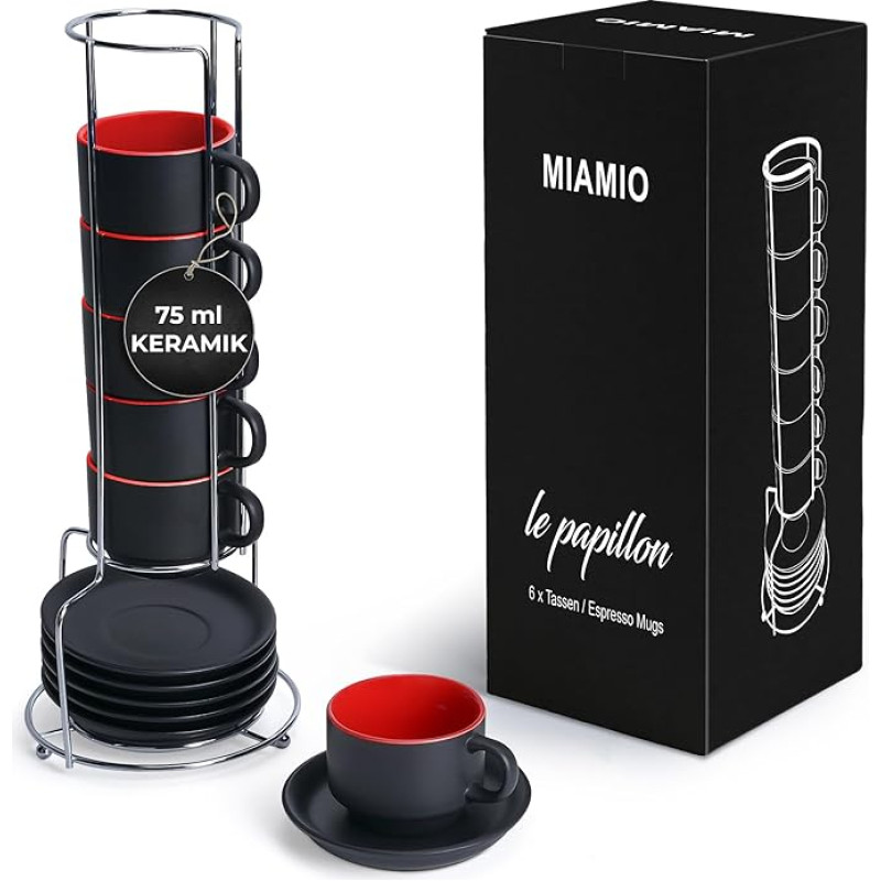 MIAMIO - 6 x 75 ml espressotasside komplekt/espressotasside komplekt koos aluse ja alusplaadiga - 6 keraamilise kohvitassi komplekt - Le Papillon Collection (punane)