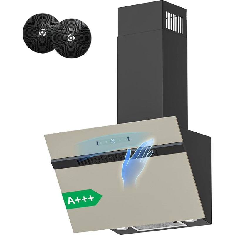 FIREGAS 60 cm väljatõmbeventilaator harjadeta mootoriga, 684 m³/h õhuvool, 9 ventilaatoritasemet, nurgapealne ventilaator, energiatõhususe klass A+++, puute- ja viipemehhanismiga juhtimine, hall