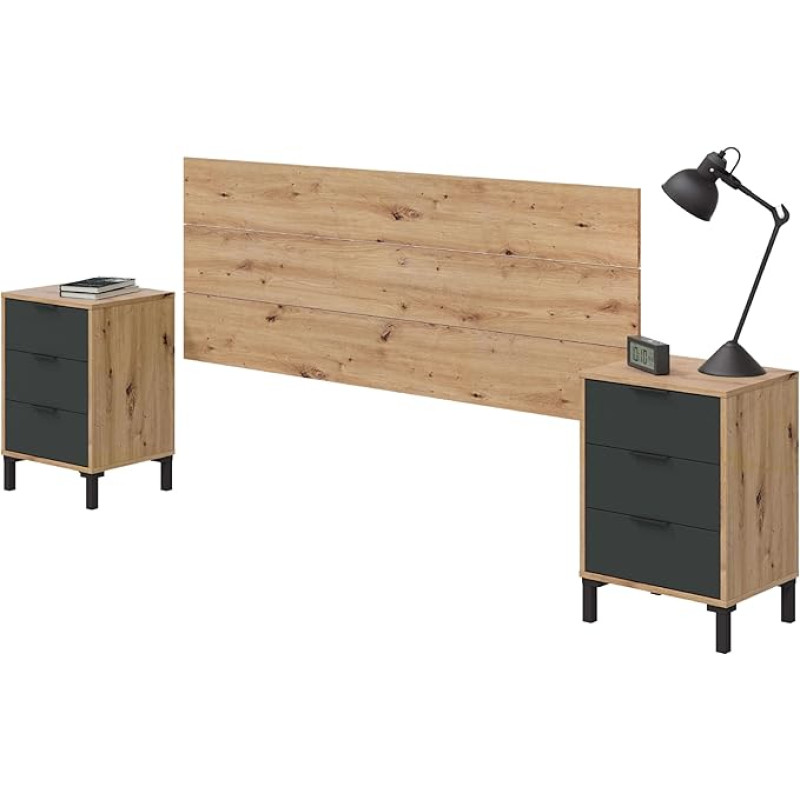 Habitdesign Enzo peaplaat + 2 küljeplaati ja 6 sahtlit, 240 x 74 x 33 cm (B x K x S), peaplaat kaheinimesevoodile ja öökapid, Nodi tamm ja antratsiit