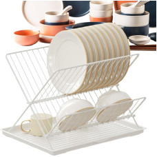 Compact Dish Dryer, Foldable Dish Dryer, 2-Tier Carbon Steel/Stainless Steel Countertop Drainer Rack, Removable Water Catcher Tray, Dish Dryer for Cutlery, Plates
