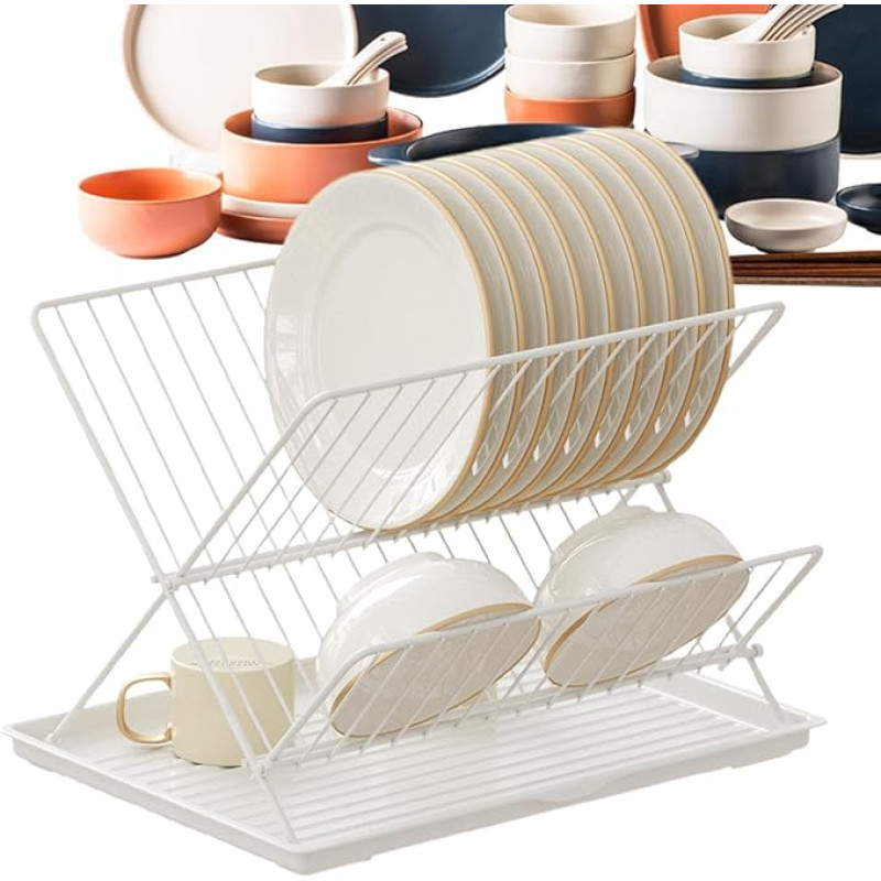 Compact Dish Dryer, Foldable Dish Dryer, 2-Tier Carbon Steel/Stainless Steel Countertop Drainer Rack, Removable Water Catcher Tray, Dish Dryer for Cutlery, Plates