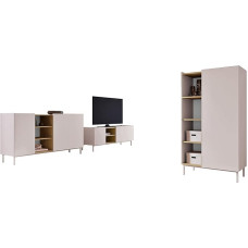 Mirjan24 Wohnzimmer-Set Siapen I, Anbauwand, Wohnzimmerschrank, Schrankwand, gedämpftem Schließsystem, Untergestell aus Metall, im Set: Kommode, Regal, TV-Lowboard (Cashmere + Eiche Cremona)