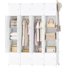 HOOBRO EWT45LY01N1 Wardrobe Modular Plastic Cupboard with 20 Cubes Shelving System with Doors and Clothes Rail 2 Rows of Hooks 145 x 46.5 x 183 cm White