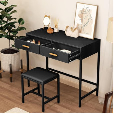 LIANWANG Dressing Table with 1 Stool, Dressing Table with 2 Drawers, Metal Frame, Black, 90 x 40 x 78 cm