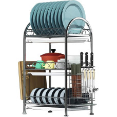 Dish Dryer Kitchen Worktop Dish Dryer, Rustproof Heavy Duty Dish Dryer Rack with Removable Utensil Knife Holders and Draining Board, Stainless Steel (2 Tiers, 3 Tiers)