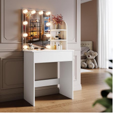 SONNI Dressing Table with 10 LED Lighting and HD Mirror, with 10 Adjustable Brightness, 3 Colours, Dressing Tables with Drawers for Bedroom, 3 Open Compartments, White, 70 x 40 x 140 cm