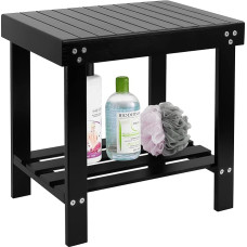 VaeFae Bamboo Spa Bench Wooden Seat Footrest Shaving Stool with Non-Slip Feet Storage Shelf for Shampoo Towel Works in Bathroom/Living Room/Bedroom/Garden/Leisure (Black)