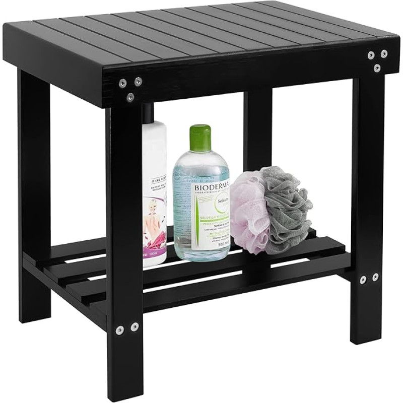 VaeFae Bamboo Spa Bench Wooden Seat Footrest Shaving Stool with Non-Slip Feet Storage Shelf for Shampoo Towel Works in Bathroom/Living Room/Bedroom/Garden/Leisure (Black)