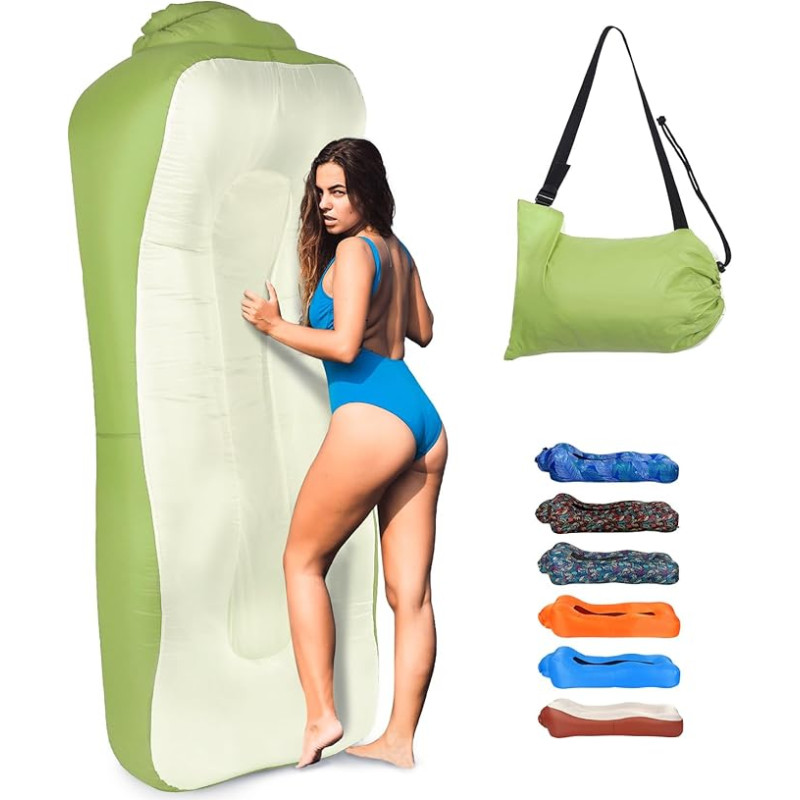 Outplea Inflatable Sofa for Land and Water, Foldable Air Sofa, Lightweight, Beach Lounger, Inflatable with Bag, Air Lounger Bean Bag, Inflatable Outdoor for Garden, Beach, Picnic, Green & Beige