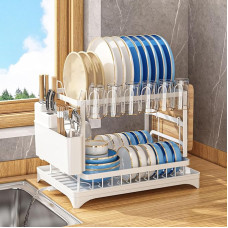 UIOPPOI Large Capacity Dish Dryer, Multifunctional Dish Rack with Drip Tray and Drink Holder, 2-Tier Dish Dryer for Kitchen Counter, Space Saving 42 x 30 x 29 cm, White