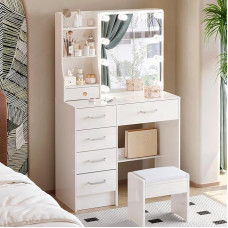 Puselo Dressing Table with Lighting and Mirror Dressing Table with Stool Cosmetic Table with 6 Drawers and 6 Shelves for Bedroom Children's Room 80 x 36 x 130 cm PE7