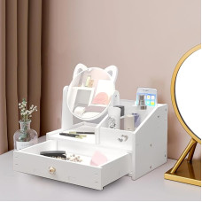 HOMURY Dressing Table Organiser with Mirror, Makeup Organiser with Drawer, White Cosmetic Organiser, Desktop Cosmetic Organiser, for Dresser, Bedroom, Bathroom (Round Mirror)
