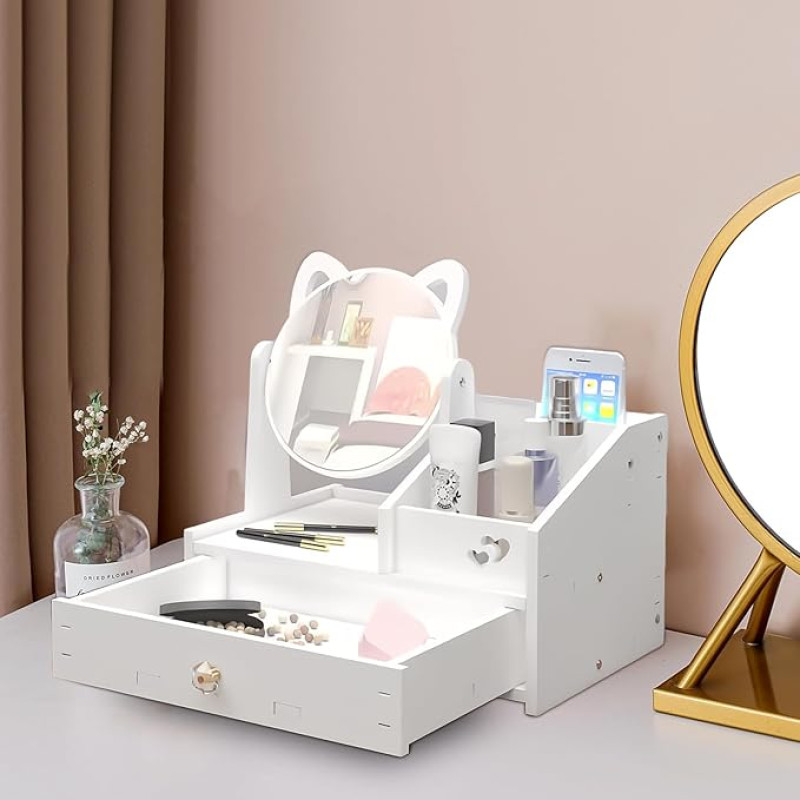 HOMURY Dressing Table Organiser with Mirror, Makeup Organiser with Drawer, White Cosmetic Organiser, Desktop Cosmetic Organiser, for Dresser, Bedroom, Bathroom (Round Mirror)