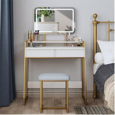 Mondeer Dressing Table with LED Lighting, Bedroom Dressing Table with Mirror and Stool, Adjustable Brightness, 2 Drawers and Shelves, Metal Frame, for Bedroom, White and Gold