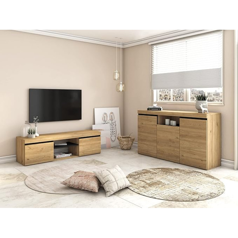 Skraut Home - Komplekt Looduslik elutoa söögitoa külgmööbel Buffet TV kapp 140 cm Tamm Must Põhjamaine