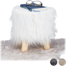 Relaxdays Fur, fluffy, 4 wooden legs, padded footstool, faux fur, round, decorative stool, H x D: 31 x 31 cm, white