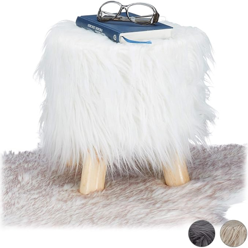 Relaxdays Fur, fluffy, 4 wooden legs, padded footstool, faux fur, round, decorative stool, H x D: 31 x 31 cm, white