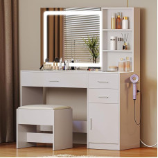 YITAHOME Dressing Table with Adjustable LED Lighting and Sockets, Dressing Table with Mirror Stool and Glass Top, Dressing Table with Wireless Charging Station, 3 Drawers for Bedroom