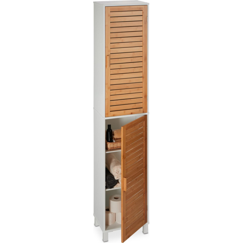 Relaxdays Bathroom Cabinet H 190 x W 40 x D 30 cm 6 Compartments MDF & Bamboo Tall Narrow Bathroom Tall Cabinet White / Natural