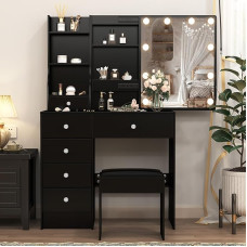 Dressing Table with Lighting and Mirror, Dressing Table with Stool, 10 Adjustable Brightness Cosmetic Table with 6 Drawers, 6 Shelves, Makeup Table for Bedroom, 80 x 36 x 130 cm, Black, P30